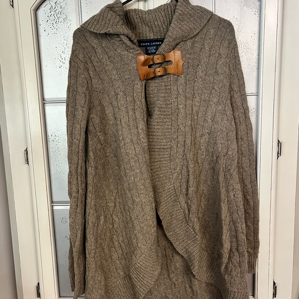 Ralph Lauren Tan Cardigan Sweater with Ribbed Knit